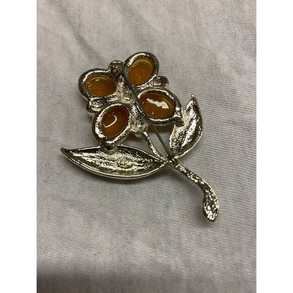 SFJ Floral Brooch With Amber And Silver Color 1970 - Picture 4 of 4